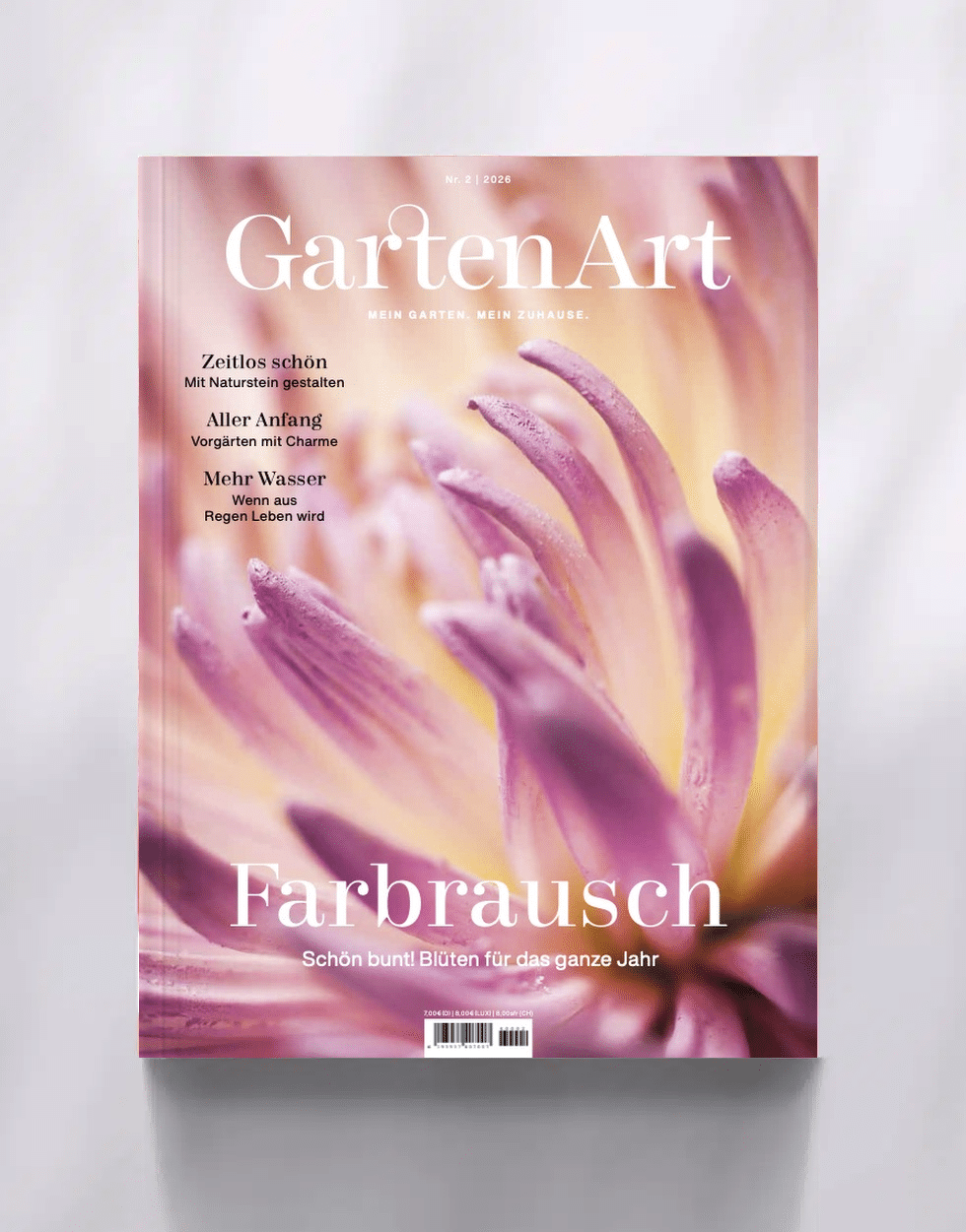 GartenArt_Mockup_Nr2_2026 Cover des GartenArt Magazins mit einer bunten Pflanzenillustration und dem Titel 'Den Garten begreifen'.