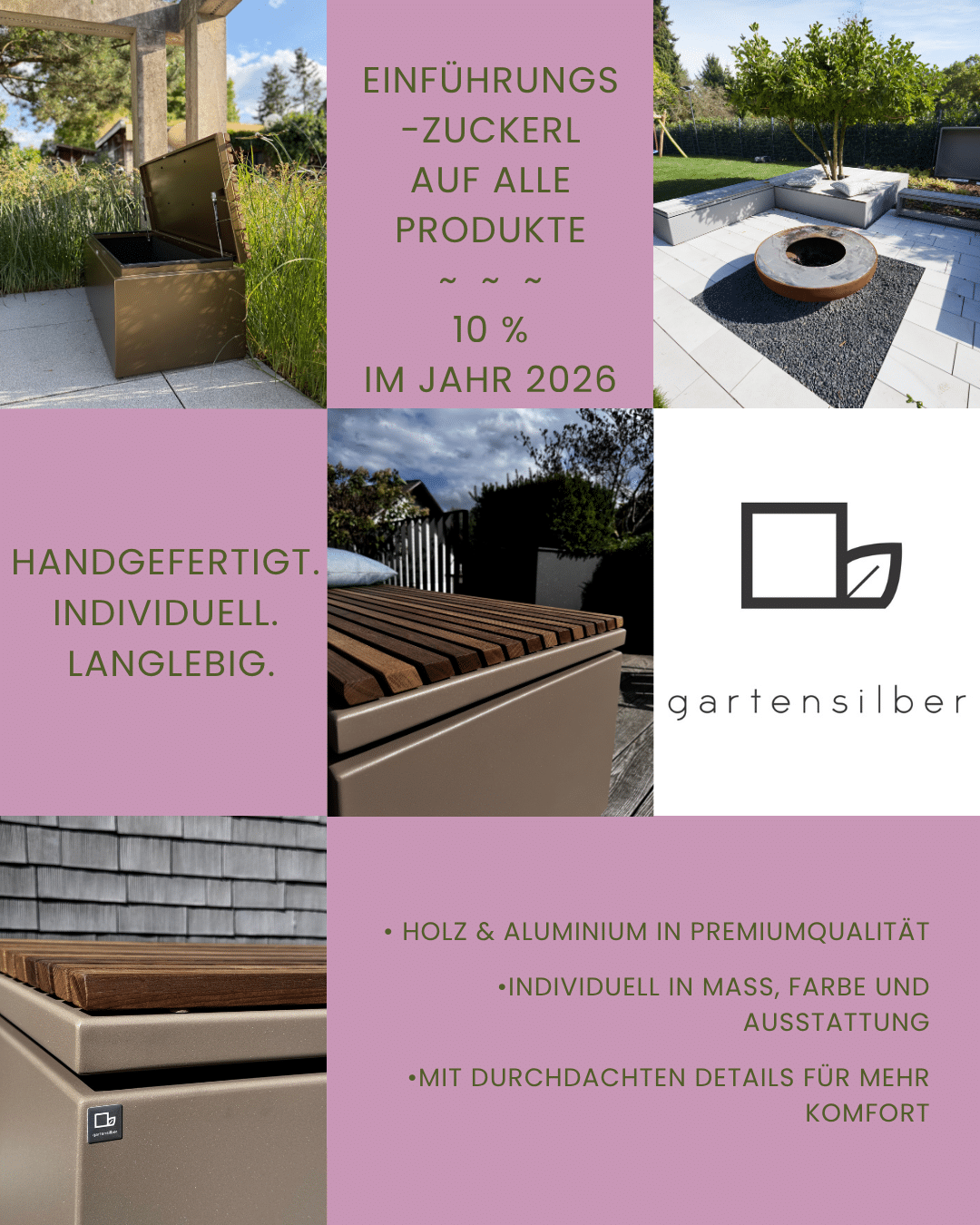 Gartensilber Einführung (1) Maliha Lounge-Bett mit Kissen und Hocker in hellgrau neben einem Pool bei Sonnenuntergang.